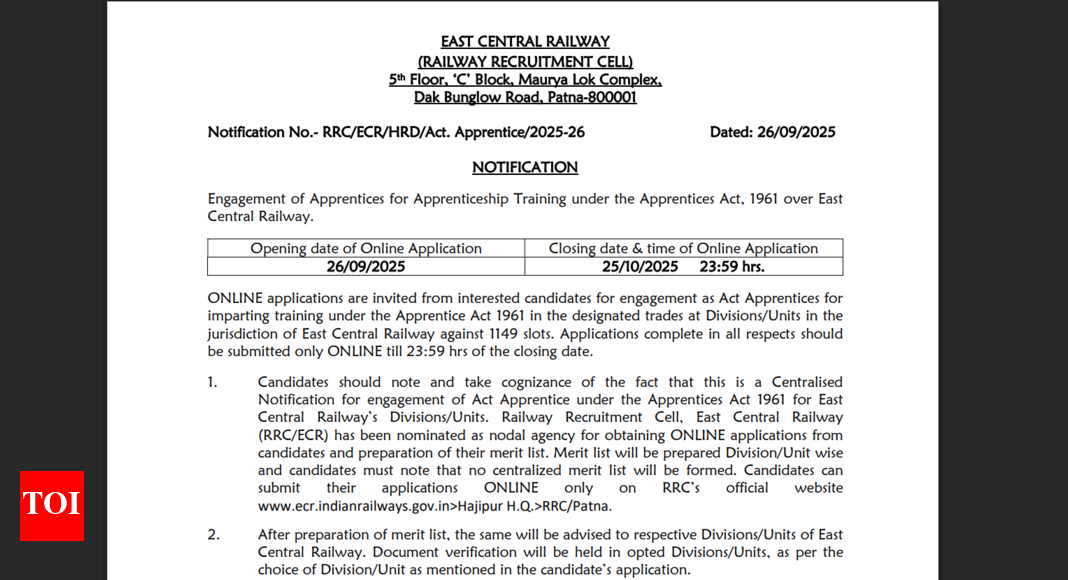 East Central Railway Apprentice recruitment 2025 registration window opens: Direct link to apply here