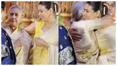 Jaya Bachchan and Kajol greet each other with a big, tight, warm hug at Durga Pujo Pandal in Mumbai- Watch