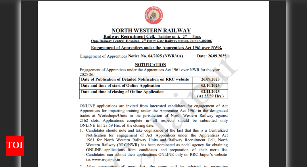 North Western Railway announces recruitment 2025 for over 2000 posts: Check details here