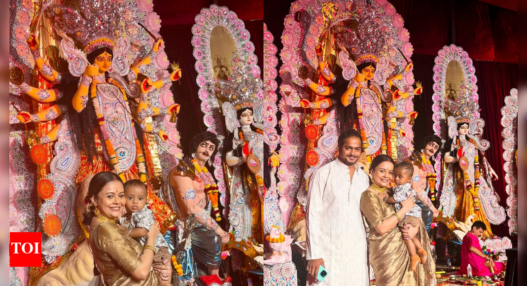 Devoleena Bhattacharjee celebrates Durga Puja with husband Shanawaz Shaikh and marks son Joy’s first Puja