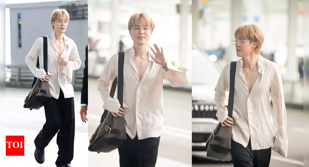 Jimin serves effortless airport fashion in pink stripes and chic glasses