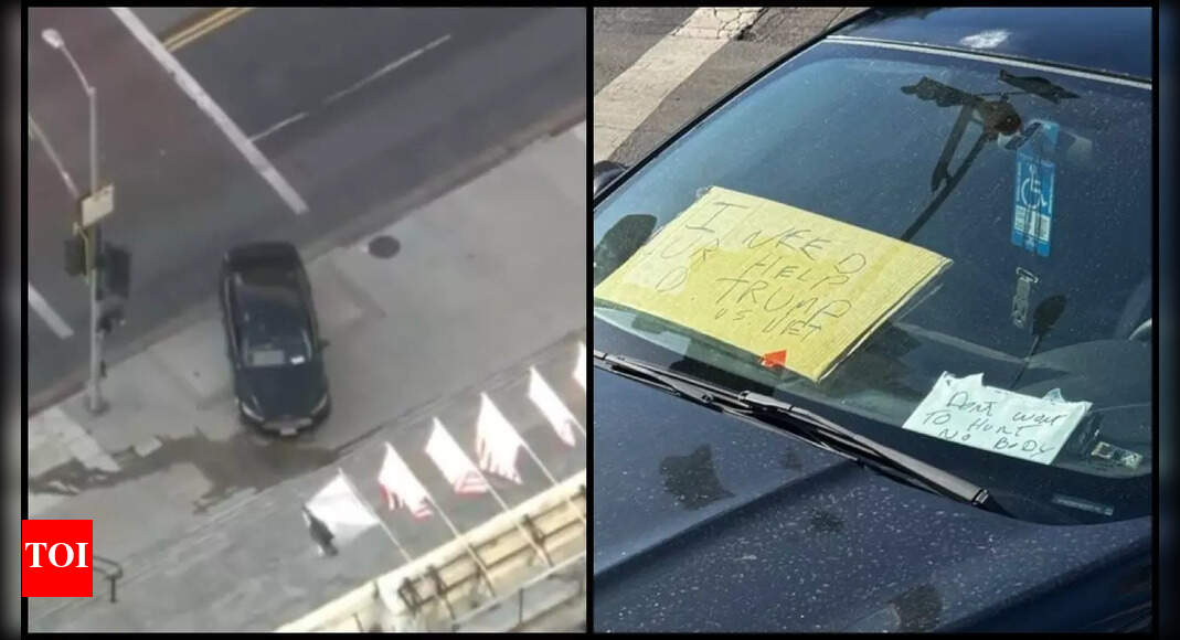 <div>'I need your help': Vehicle rams steps of Los Angeles City Hall; cardboard sign has message for Donald Trump</div>