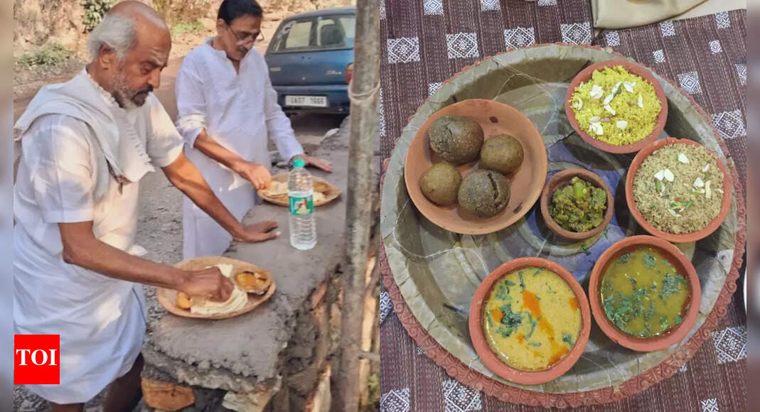 Superstar Rajinikanth spotted in Rishikesh eating simple food in a pattal