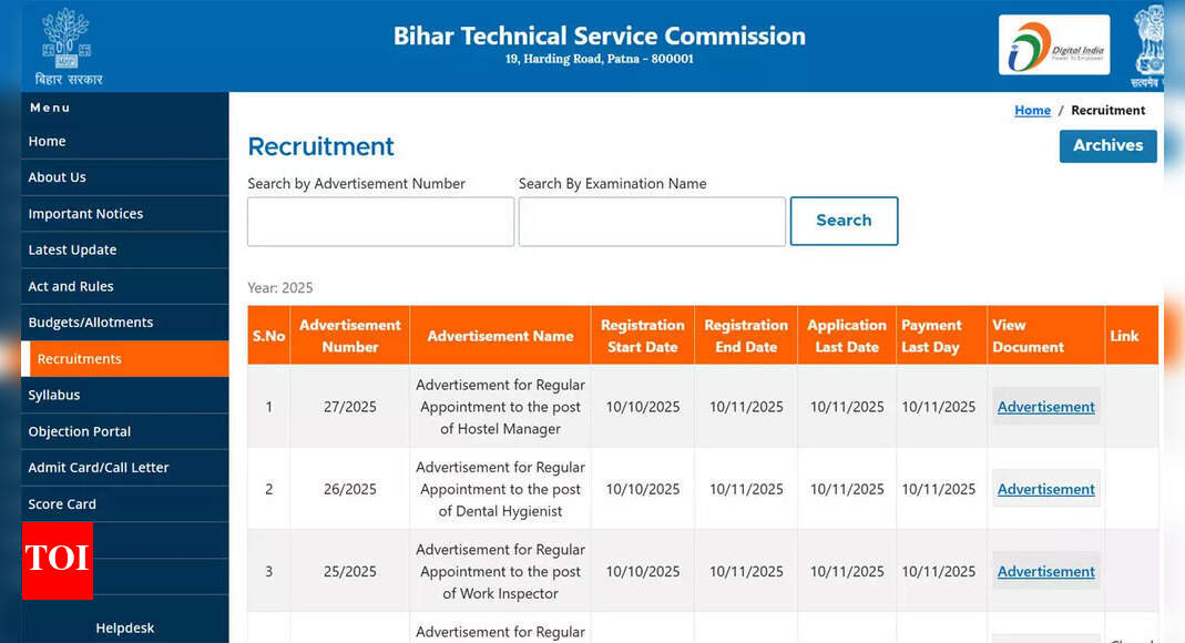 BTSC Recruitment 2025: Apply for 4,654 Work Inspector, Hostel Manager, Dental Hygienist and JE posts from 10 October