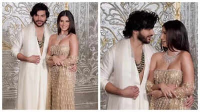Tara Sutaria and Veer Pahariya hold hands and pose for paparazzi, making their debut as a couple at Manish Malhotra's Diwali party