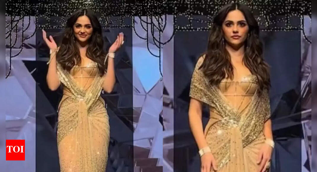 Aneet Padda makes a glamorous runway debut; fans gush over her stunning saree-gown look - WATCH