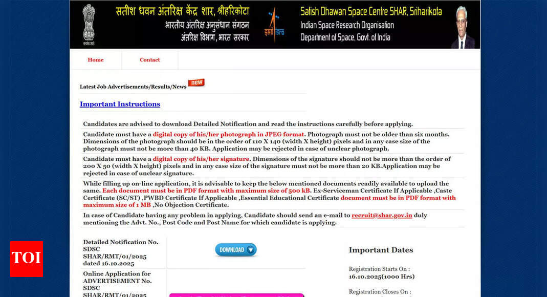 ISRO recruitment 2025: Apply online at apps.shar.gov.in for BE, BSc, Diploma, ITI and 10th pass