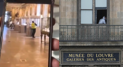  Man seen using cutter to cut through display case glass