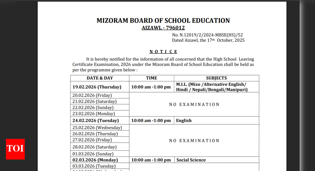 MBSE releases Mizoram board exam 2026 datesheet for HSLC and HSSLC: Check important dates here