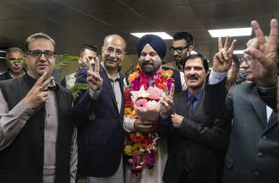 Srinagar: Jammu and Kashmir National Conference's (JKNC) Gurwinder Singh Oberoi, centre, celebrates after his victory in the Rajya Sabha election in the state, in Srinagar. (PTI Photo/S Irfan) BJP stops NC clean sweep in J&K RS poll, wins 1 seat with 4 'extra' votes