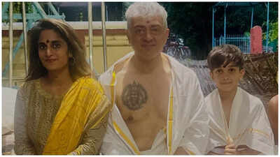 Ajith Kumar’s spiritual tattoo pictures go viral amid his temple visit with wife Shalini and son Aadvik