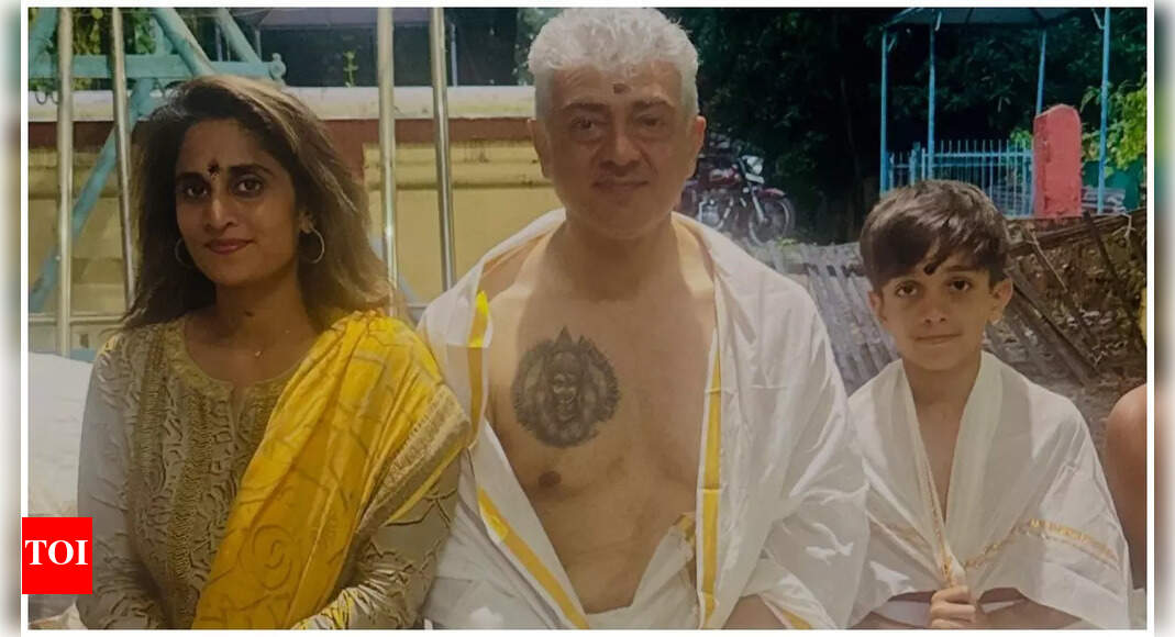 Ajith Kumar’s spiritual tattoo pictures go viral amid his temple visit with wife Shalini and son Aadvik