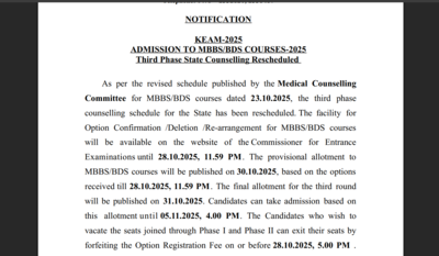 CEE Kerala announces rescheduled KEAM counselling 2025 round 3 dates: Check important dates here – The Times of India CEE Kerala announces rescheduled KEAM counselling 2025 round 3 dates: Check important dates here – The Times of India