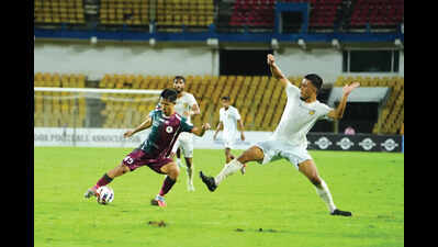 Mohun Bagan midfielder Apuia tries to evade a challenge against Chennaiyin FC at Nehru Stadium, Fatorda, on Saturday  Maclaren double rescues Mohun Bagan