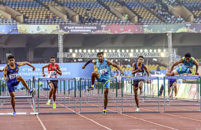 India's R Manav, center, and others compete in the men's 110m hurdles during the 4th South Asian (SAAF) Senior Athletics Championships, at the Birsa Munda Athletics Stadium, in Ranchi, Jharkhand. (PTI Photo) (PTI10_25_2025_000332B)  India wins 7 gold on Day 2