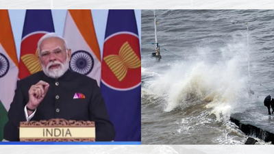 Prime Minister Narendra Modi (PTI Photo), Cyclone (ANI Photo) Evening news wrap: PM Modi says 21st century belongs to India-Asean, Army on high alert ahead of cyclone 'Montha' & more