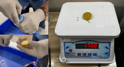 The gold was ingeniously concealed as a cylindrical insert inside a plastic bottle’s cap, evading initial X-ray detection until detailed inspection/ Image: X Watch: Passenger from Dubai caught at Delhi airport with 170 grams of gold, hidden in bottle cap
