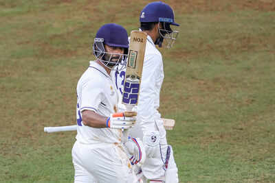 Ajinkya Rahane celebrates his century. (PTI Photo) Ajinkya Rahane sends strong message with big hundred as Mumbai dominate rain-hit Ranji Trophy clash