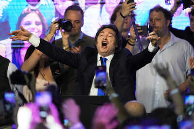 Argentina's President Javier Milei celebrates after winning in legislative midterm elections in Buenos Aires, Argentina, Sunday, Oct. 26, 2025. (AP Photo/Rodrigo Abd) Argentina's Milei triumphs in midterm elections closely watched by Trump