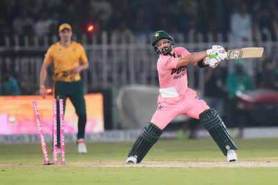 Pakistan's Sahibzada Farhan is bowled out by South Africa's Lizaad Williams. (AP Photo)  Under-strength South Africa stun Pakistan by 55 Runs in Rawalpindi