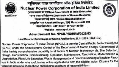 NPCIL 2025 jobs notification released for Deputy Manager and JHT vacancies; apply from Nov 7 NPCIL recruitment 2025: Notification out for deputy manager and JHT posts at npcilcareers.co.in; application from Nov 7