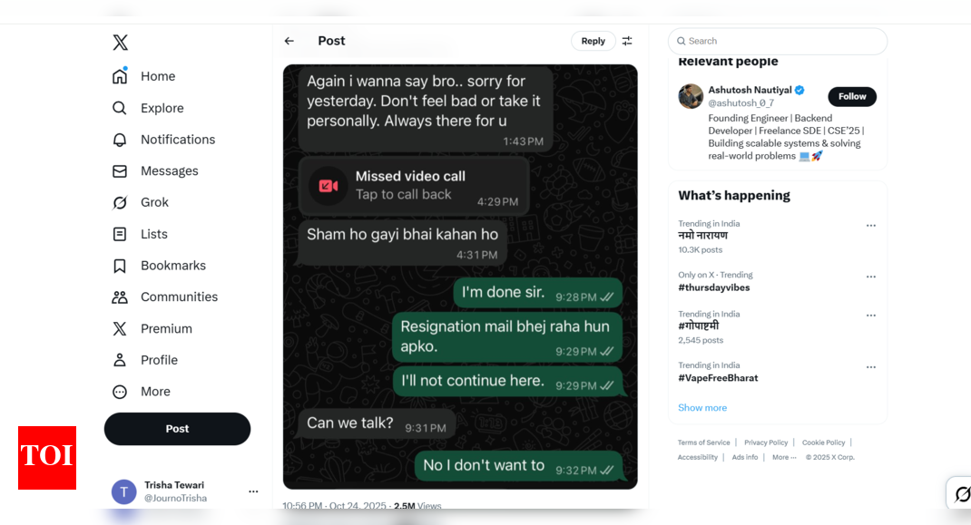 ‘मैं यहां आगे नहीं बढ़ूंगा’: बॉस को इंजीनियर का आखिरी संदेश वायरल; आपको नौकरी कब छोड़नी चाहिए? ‘मैं यहां आगे नहीं बढ़ूंगा’: बॉस को इंजीनियर का आखिरी संदेश वायरल; आपको नौकरी कब छोड़नी चाहिए?