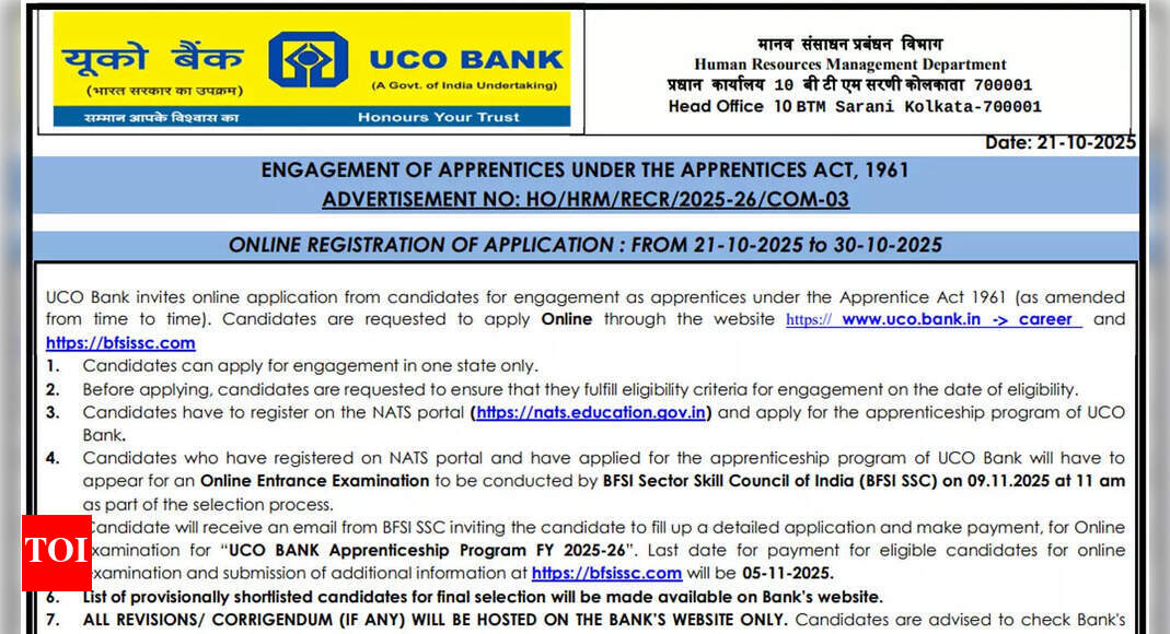 यूको बैंक अपरेंटिस भर्ती 2025: uco.bank.in पर 532 पदों के लिए आवेदन करने की अंतिम तिथि आज