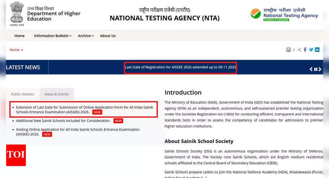 AISSEE 2026 online application deadline extended to Nov 11; submit your Sainik Schools form here