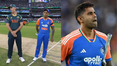 Suryakumar Yadav seemingly gestured to his teammates that Team India will now have to start doing 'Aarti' after losing the toss once again ahead of the 2nd T20I (Images via X/Screengrab & AP) Suryakumar Yadav has hilarious reaction after losing the toss once again - watch