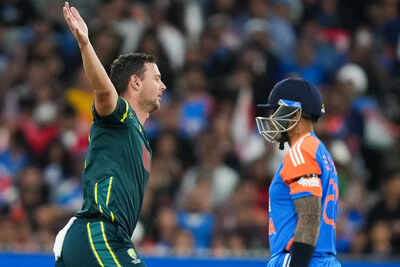 Josh Hazlewood celebrates after getting the wicket of Suryakumar Yadav.  (Getty Images) 'Too many batters, not enough balance': Ex-Australia captain questions Team India's strategy