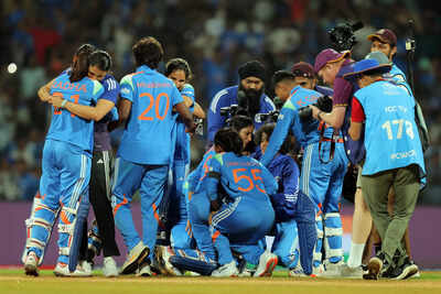 Jemimah Rodrigues and  Amanjot Kaur of India celebrate with team mates (Photo by Pankaj Nangia/Getty Images) ICC Women’s World Cup: How India Women rose from mid-tournament slump - road to final