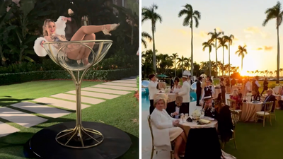 Viral video of woman in bikini dancing in giant Martini glass at Trump’s Mar-a-Lago party stirs row: ‘Full Epstein Island vibes’