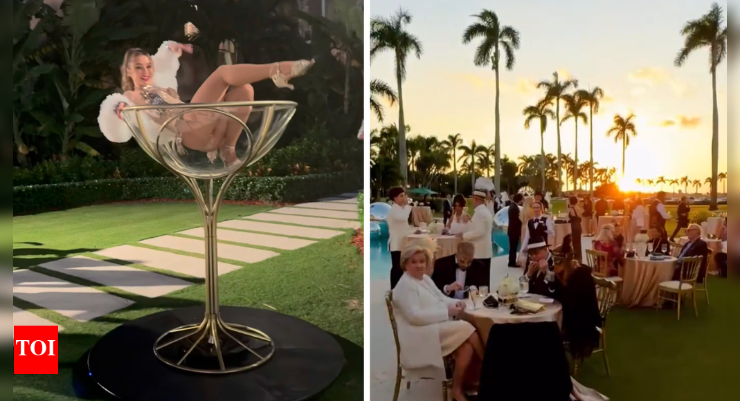 Viral video of woman in bikini dancing in giant Martini glass at Trump’s Mar-a-Lago party stirs row: ‘Full Epstein Island vibes’