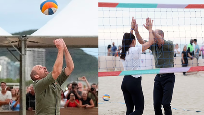 Prince William stuns Brazil crowd as he jumps barefoot into beach volleyball with Carolina Solberg