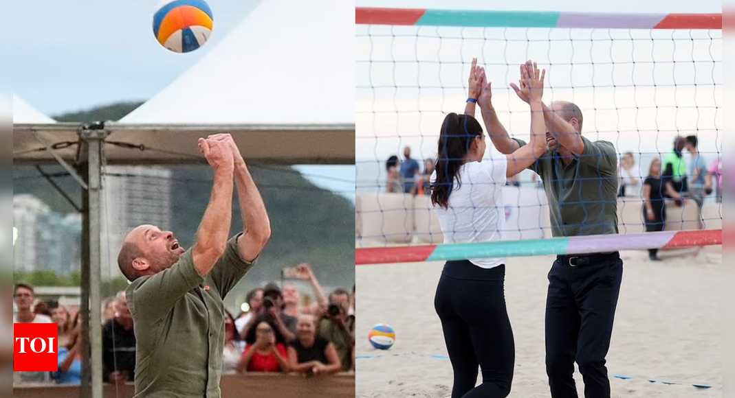 Prince William stuns Brazil crowd as he jumps barefoot into beach volleyball with Carolina Solberg