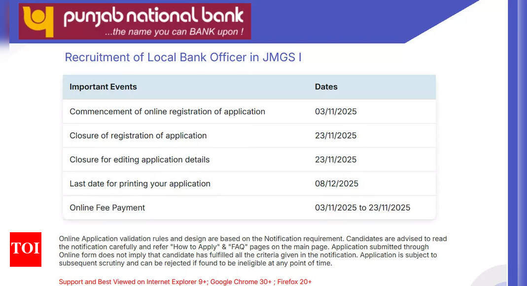 PNB LBO recruitment 2025: Apply for 750 officer posts before 23 November; check direct link here