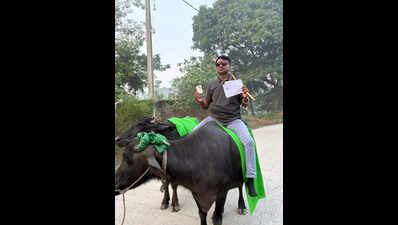 Voter saddles buffalo, steals spotlight in Vaishali