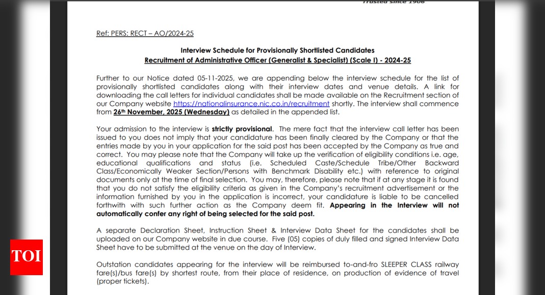 National Insurance Company releases interview schedule for provisionally shortlisted candidates: Check details here
