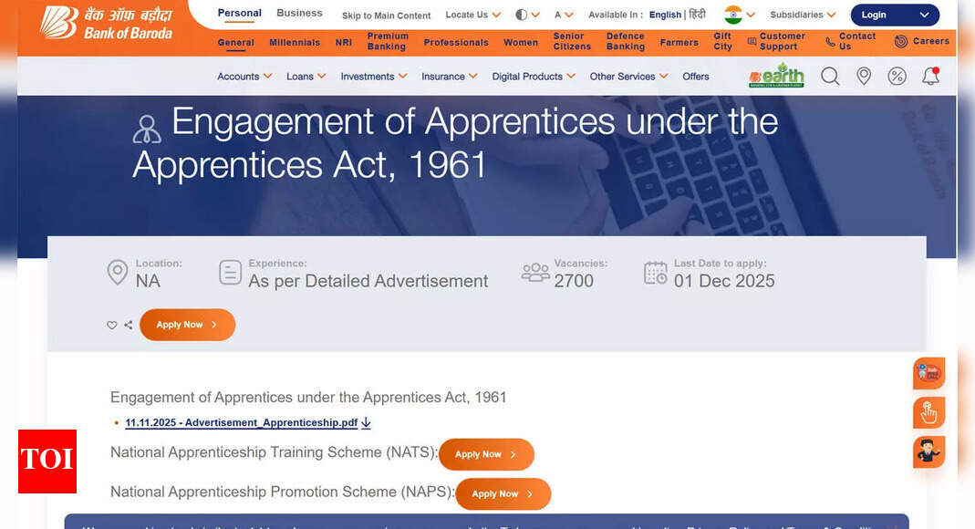 Bank of Baroda apprentices recruitment 2025 notification out, apply online for 2700 vacancies before 01 Dec