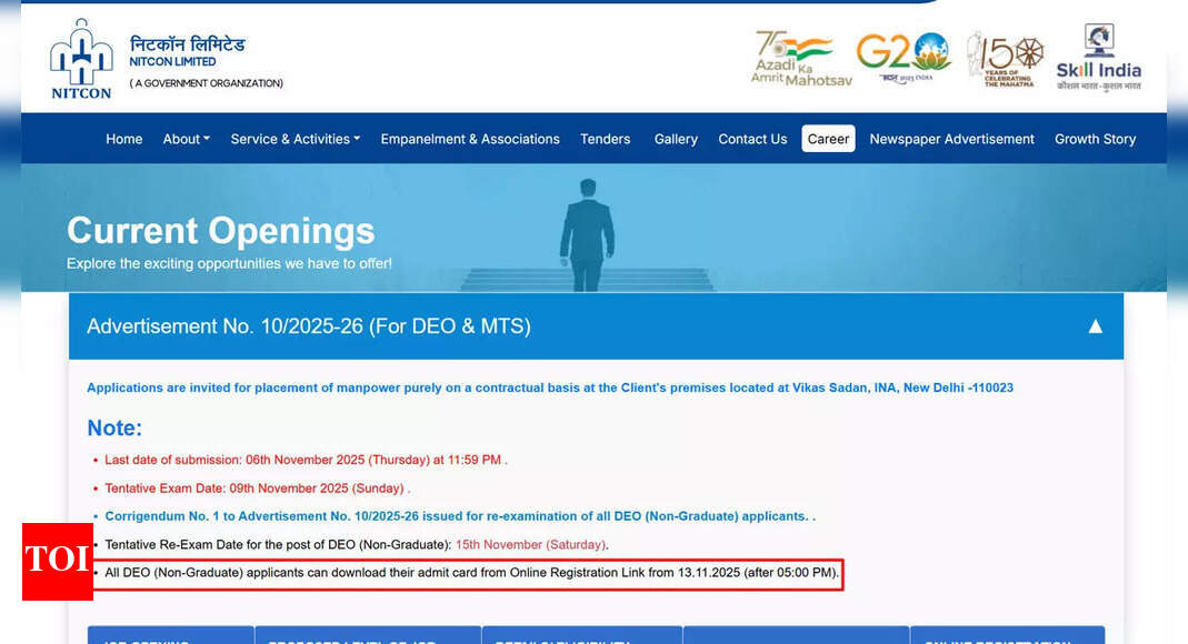 Delhi DDA Nitcon MTS & DEO admit card 2025 today at dda.register.ind.in; here's how to download