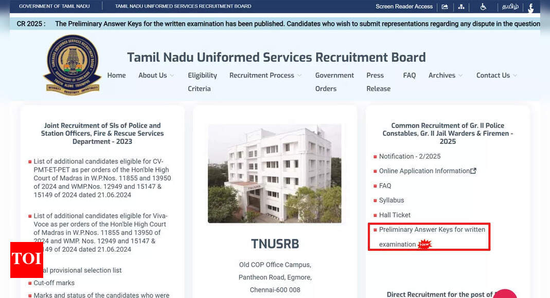 TNUSRB answer key 2025 out for police constables, jail warders and firemen, objection till Nov 23; download here