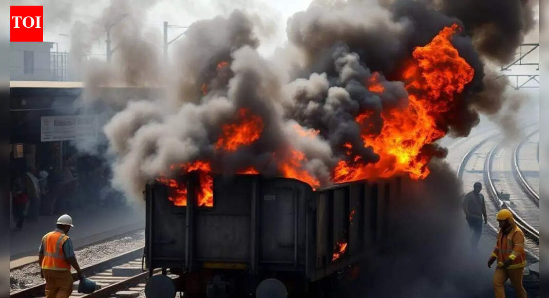 Smoke sparks panic: Goods train bogie catches fire near Bareilly ...