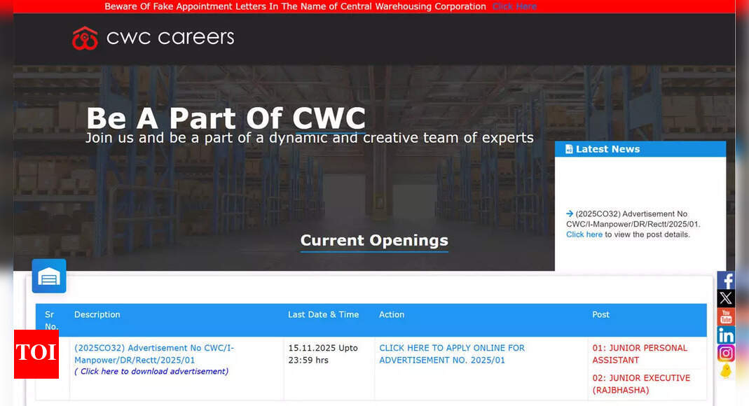 CWC recruitment 2025 last date today for Jr Personal Assistant and Jr Executive posts at cwceportal.com; apply here