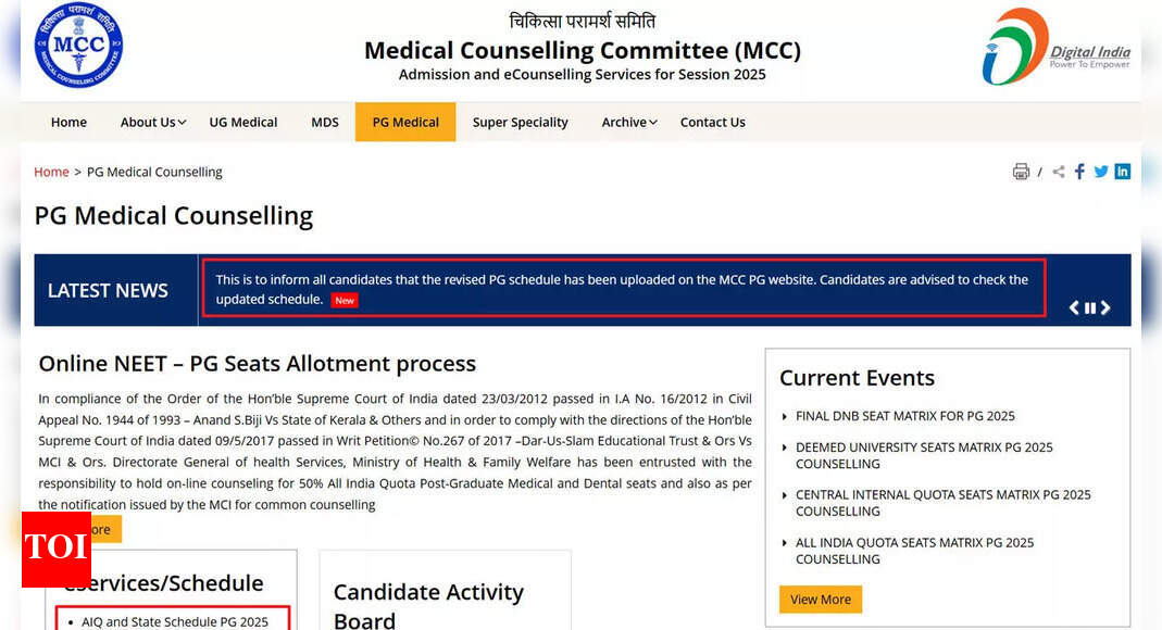 NEET PG 2025 revised counselling dates announced by MCC with Round 1 result scheduled for 20 Nov