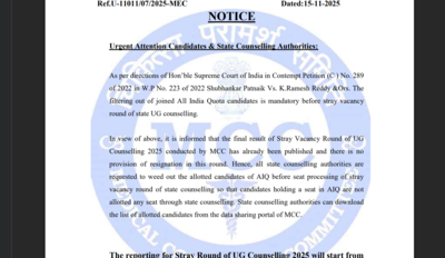 Supreme Court directive enforces mandatory filtering before state stray vacancy round; Reporting for UG stray round begins today