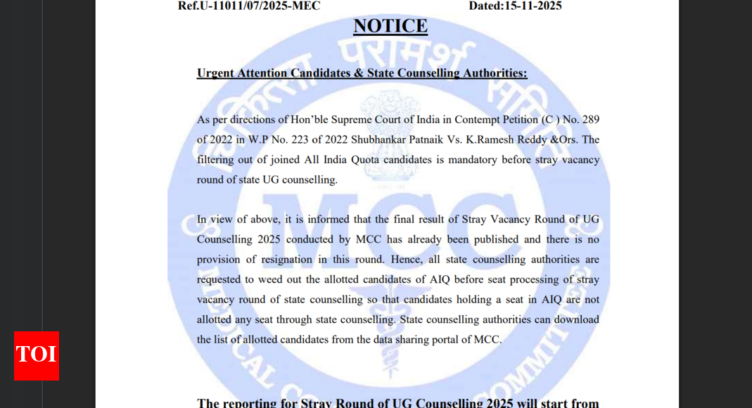Supreme Court directive enforces mandatory filtering before state stray vacancy round; Reporting for UG stray round begins today