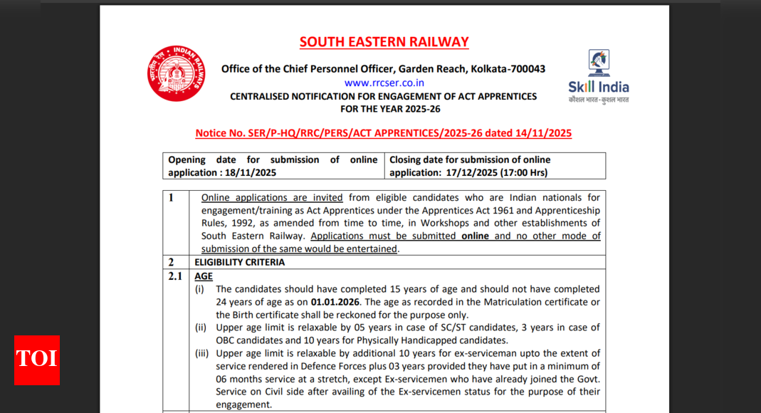 South Eastern Railway registration window opens tomorrow for 1,785 apprentice seats: Check details here