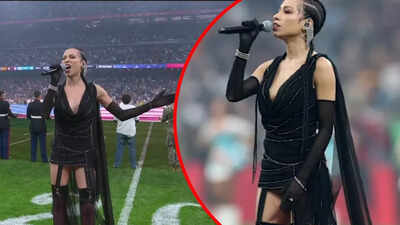 Karina Pasian outfit sparks chaos at Madrid NFL game as fans accuse singer of ruining the National Anthem moment