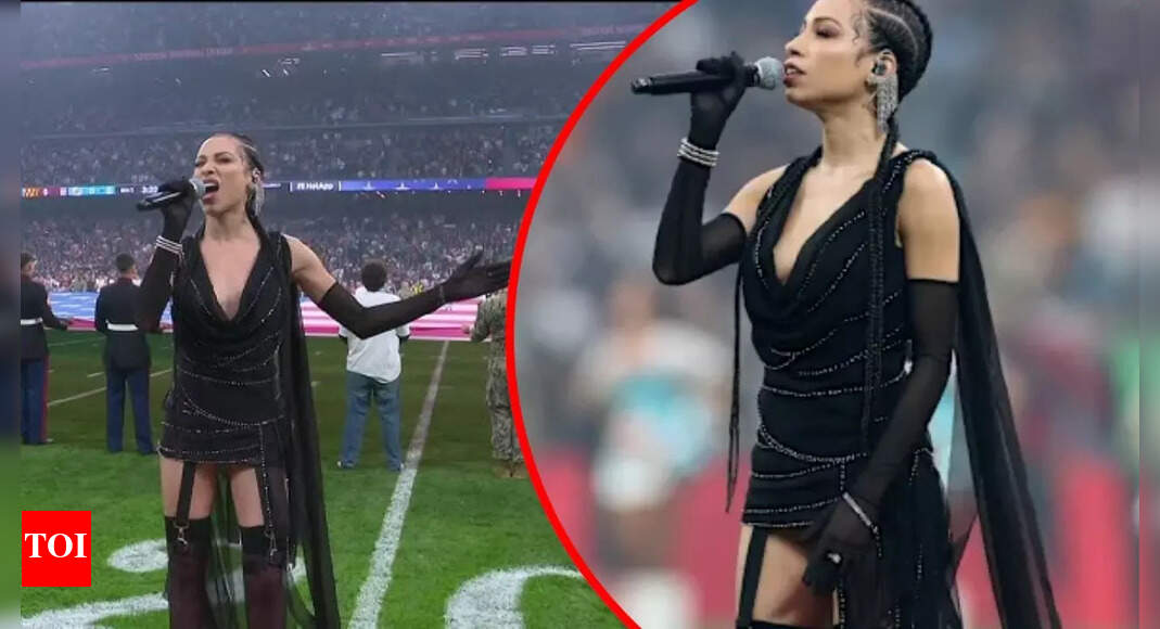 Karina Pasian outfit sparks chaos at Madrid NFL game as fans accuse singer of ruining the National Anthem moment