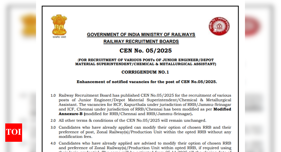 RRB JE registration window 2025 deadline extended; vacancies increased: Check direct link and last date to apply here